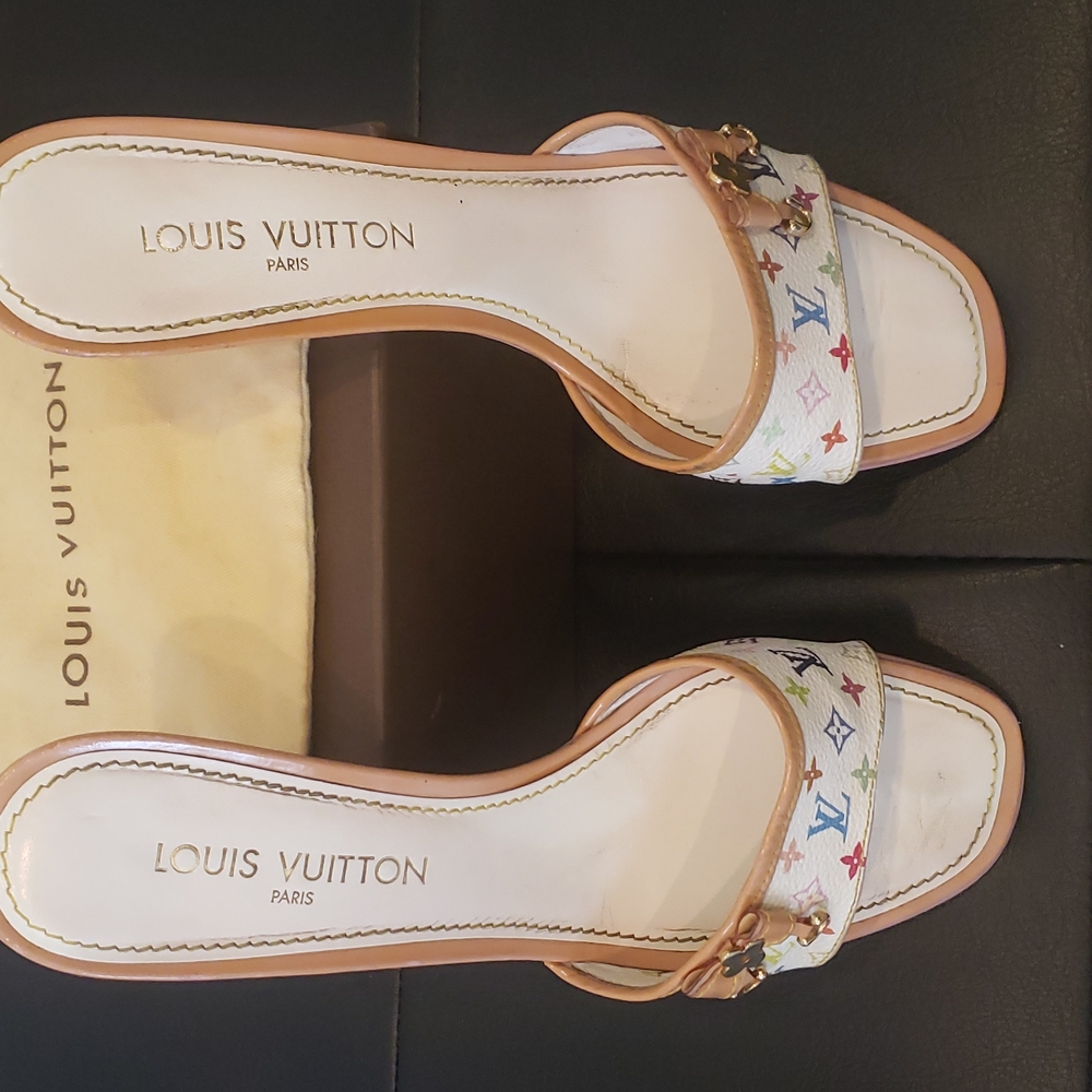 Louis Vuitton  Size W 10-11 or 41 Eu.  
White Multicolor Monogram Open Toe Heel
